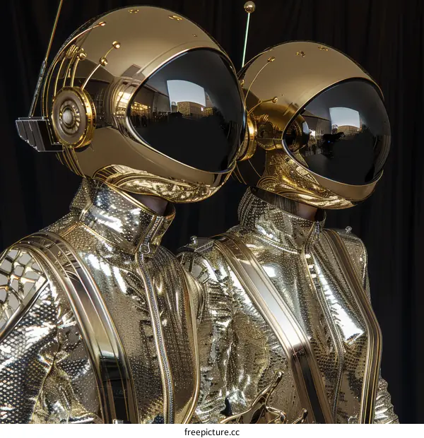 Two people wearing golden space helmets