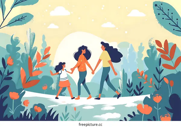 Family Walking in Nature Illustration
