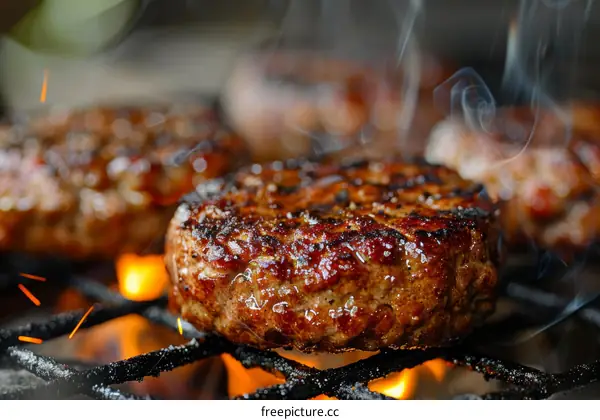 Beef patty on a flaming grill