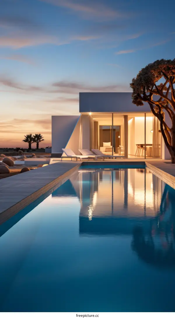 Modern villa with pool at sunset