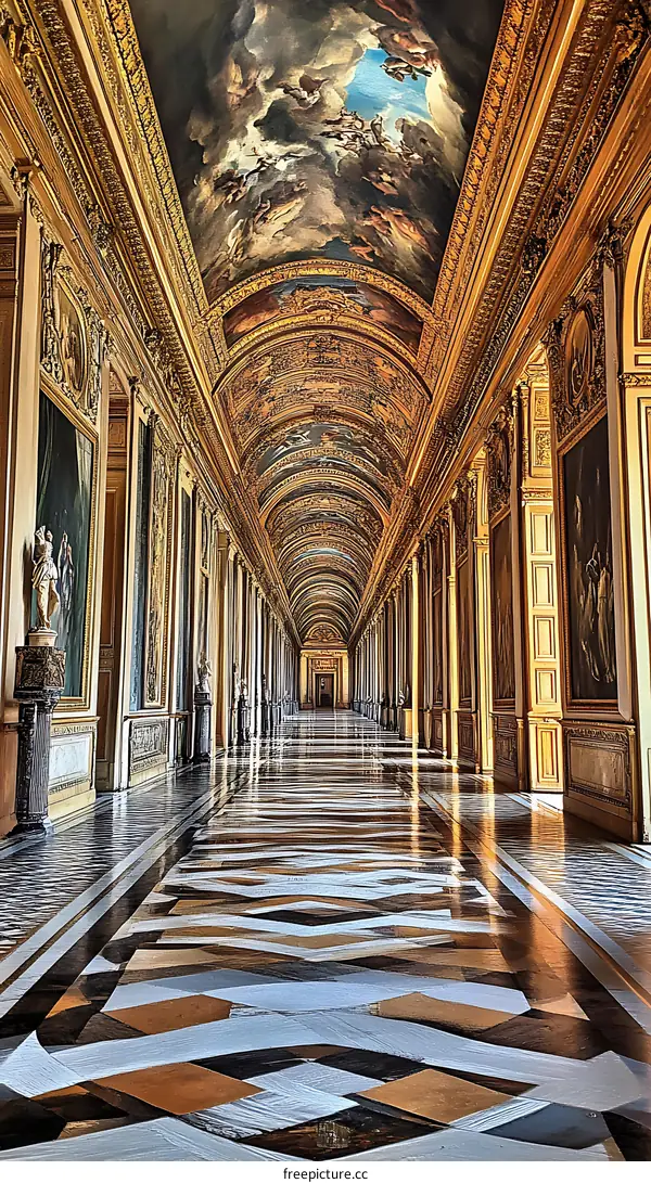 Golden Hallway With Ornate Ceiling And Paintings