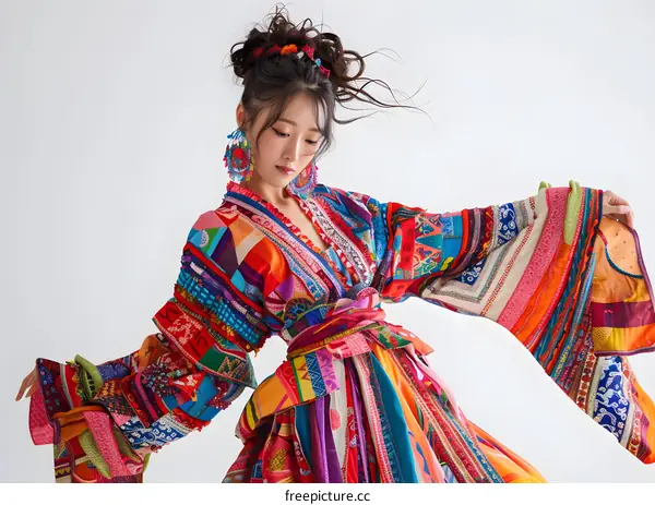 A young woman wearing a colorful dress is dancing.