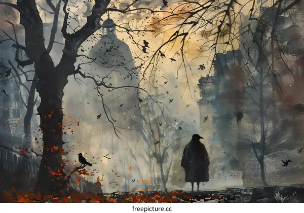 A man with a hat and a cane stands in a park with a large tree and a big church in the background