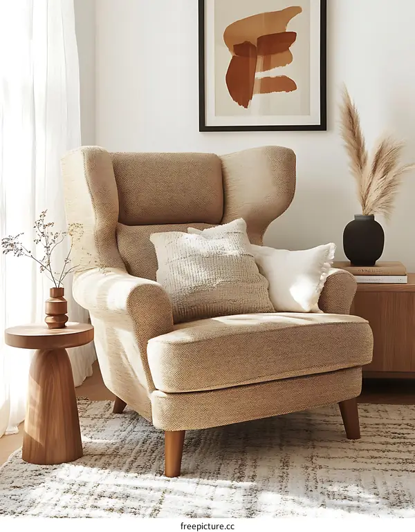 Beige wingback armchair in a modern living room