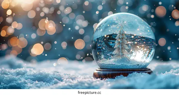A snow globe with a Christmas tree inside it sits on a snowy surface.