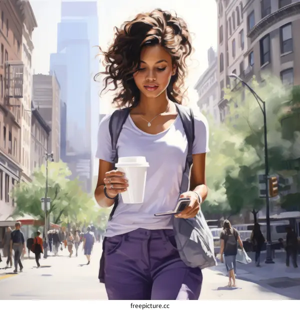 Young Woman Walking on City Street Checking Phone