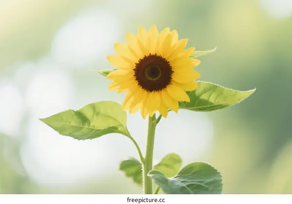 A Vibrant Yellow Sunflower with Green Leaves in Natural Light
