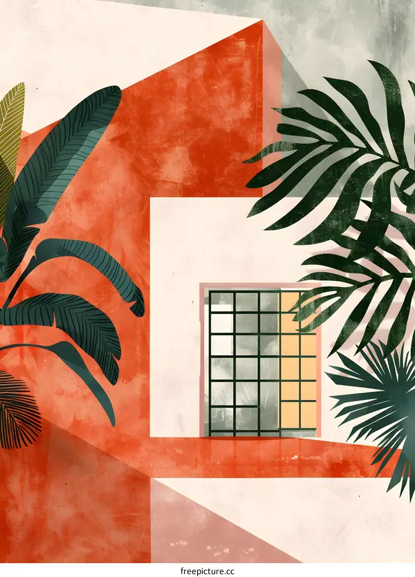 Tropical Minimalist Art Abstract Geometric Design with Window and Palm Leaves