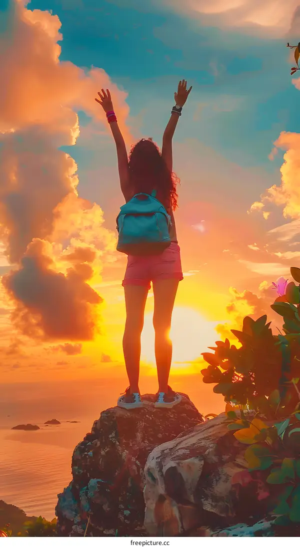 Woman with Backpack Standing on Rock Cliff at Sunset