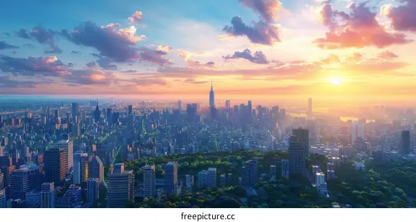 Sunrise over a vibrant cityscape