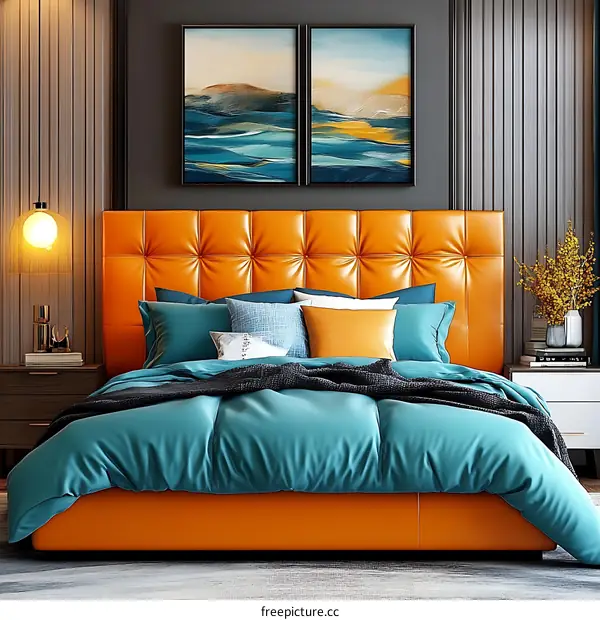 Orange Bed With Teal Bedding And Modern Decor