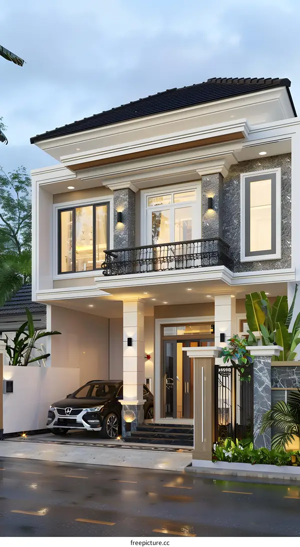 Modern House Design with Balcony and Black Car in Front
