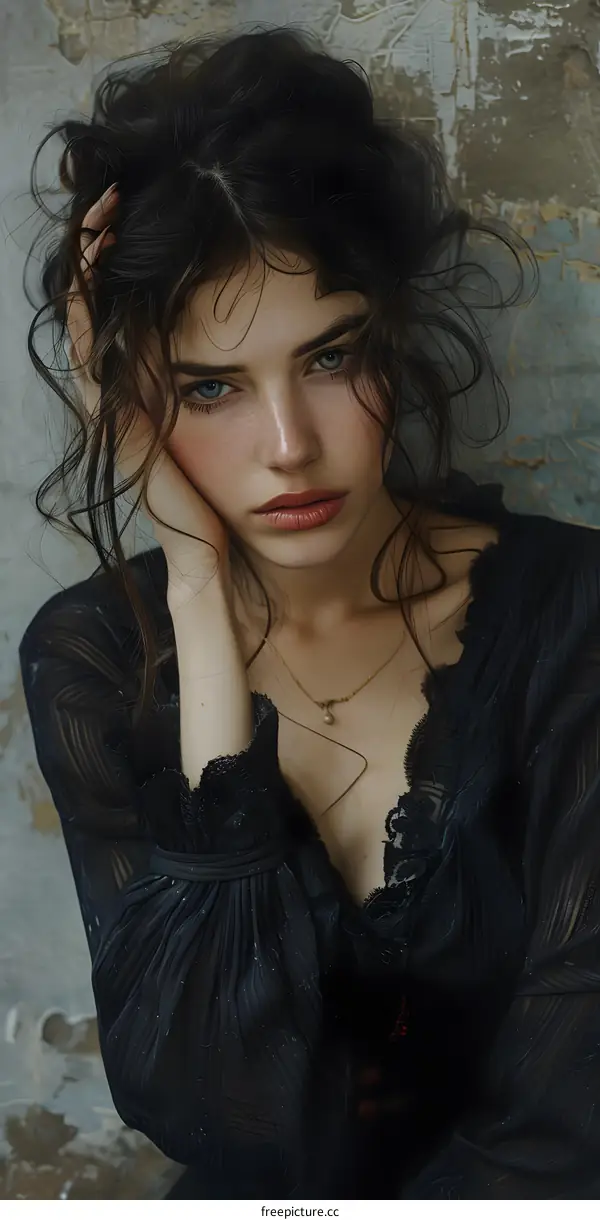 portrait of a beautiful young woman with dark hair and blue eyes