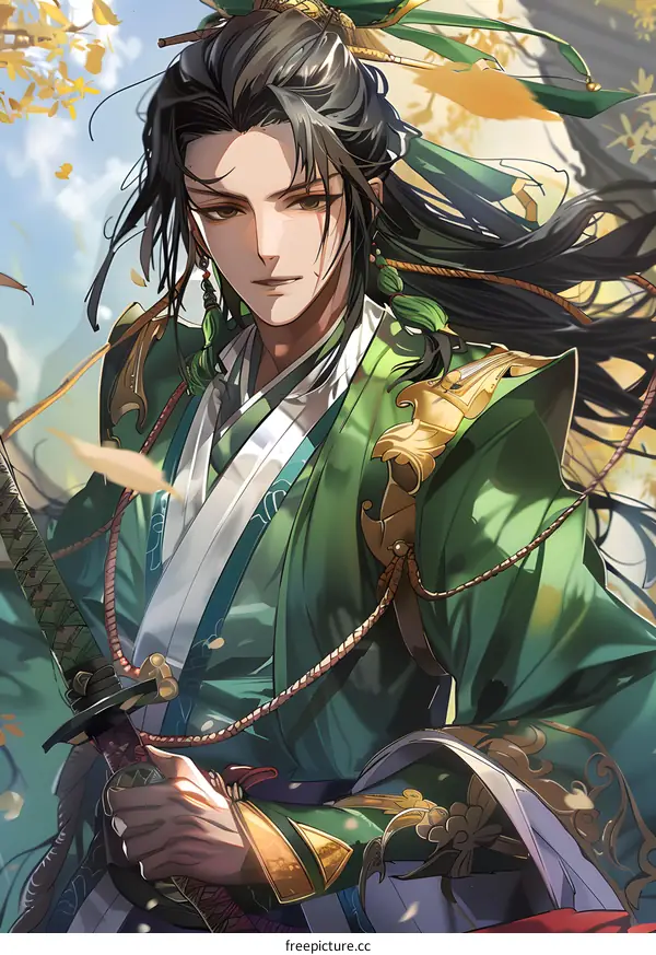 Green Robed Samurai with Sword and Long Hair