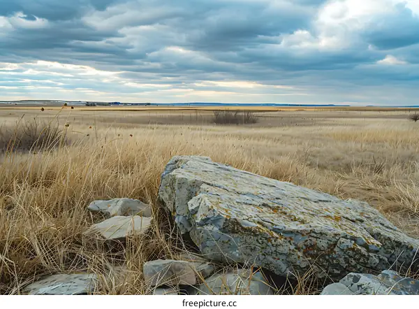 Large Rock In A Field of Dry Grass