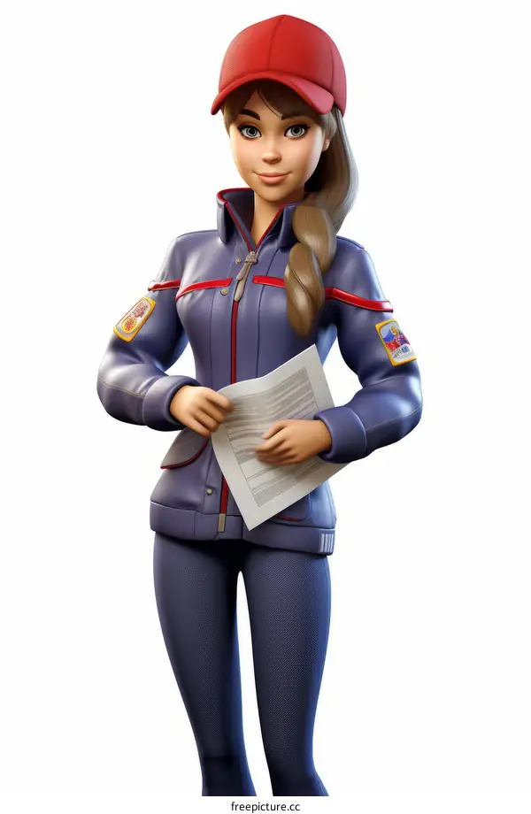 A firefighter in a red cap and blue uniform is holding a clipboard