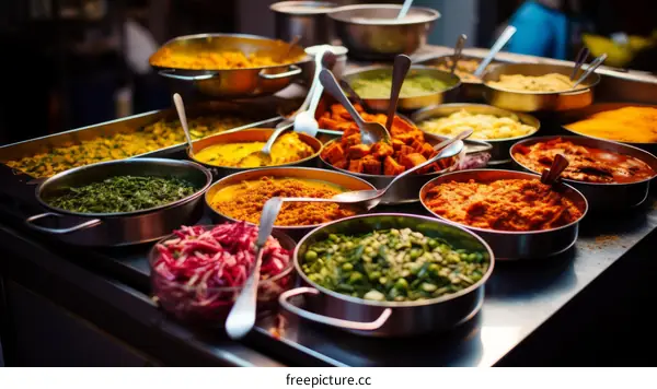 A variety of Indian food in metal bowls at a market