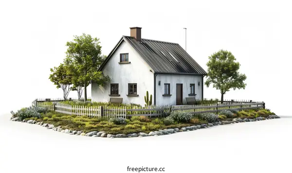 Small House with White Fence and Trees
