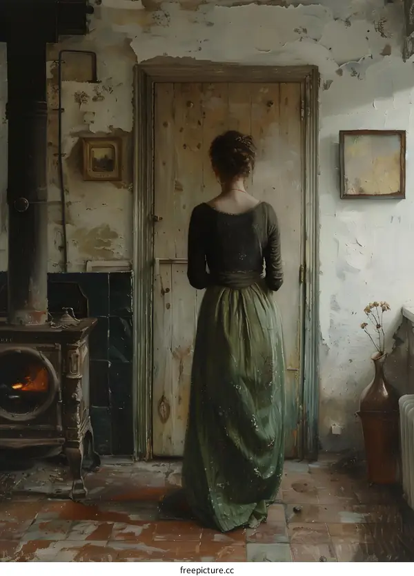 Woman in a Green Dress Standing in a Room with a Door