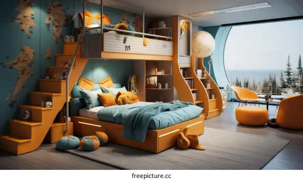 A modern bedroom with a bunk bed, a desk, and a large window