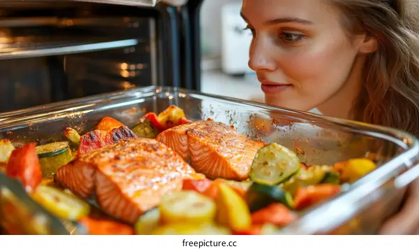 Woman smelling freshly baked salmon and vegetables