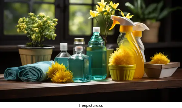 Cleaning Supplies Arranged on a Wooden Table Near a Window