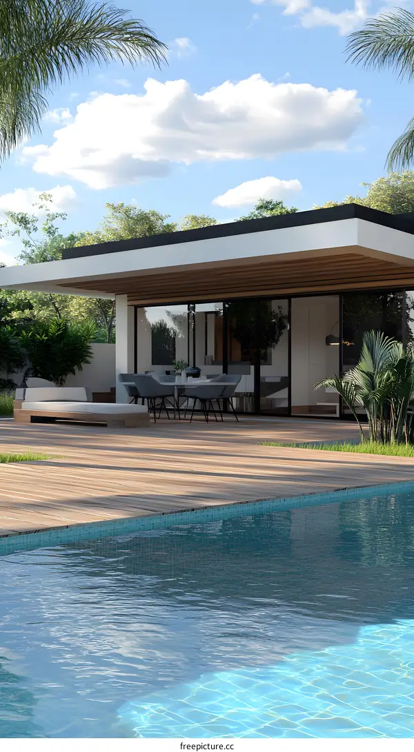 Modern House with Swimming Pool and Palm Trees