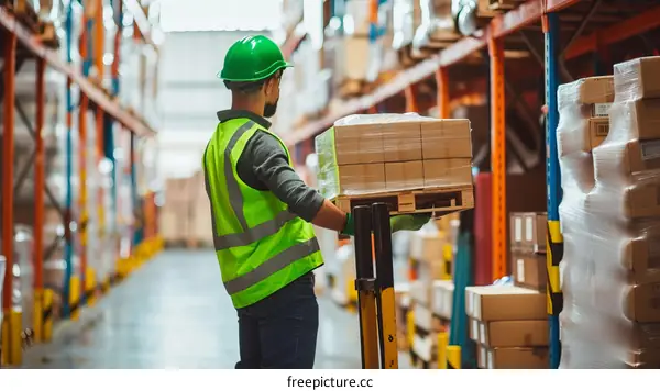 Warehouse worker in a green hard hat and safety vest uses a forklift to move a pallet of boxes in a warehouse.
