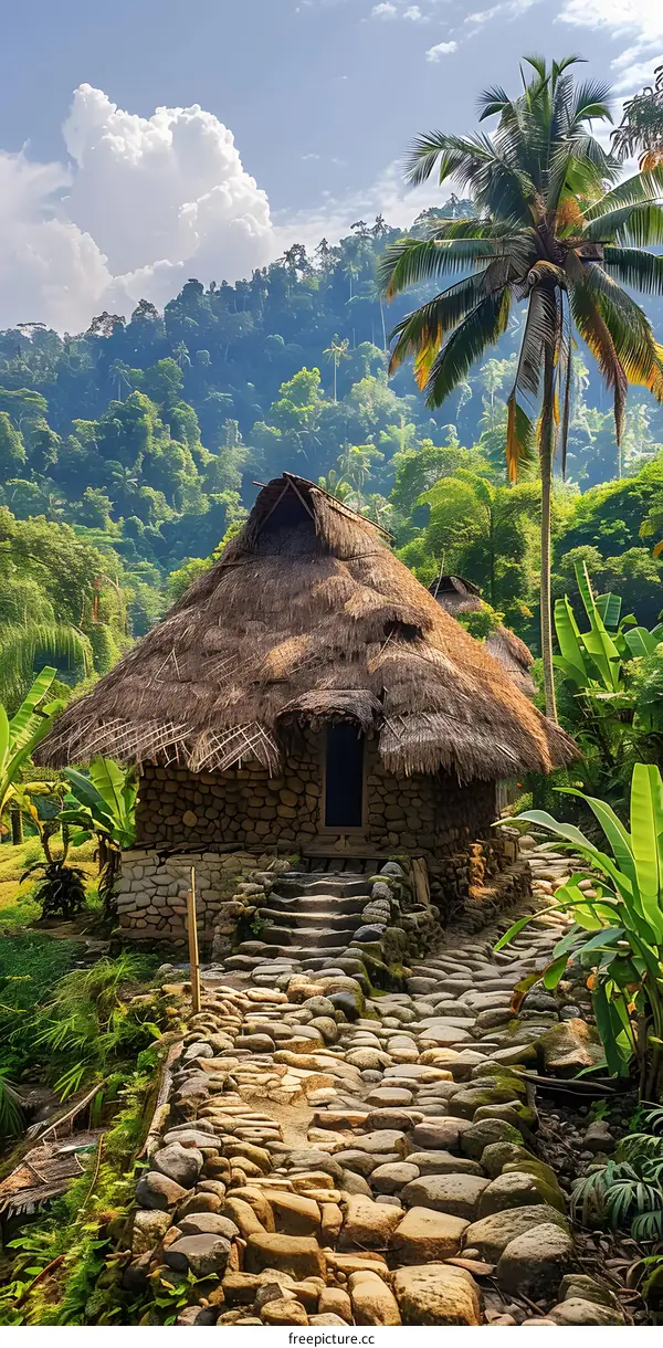thatched roof hut in the jungle