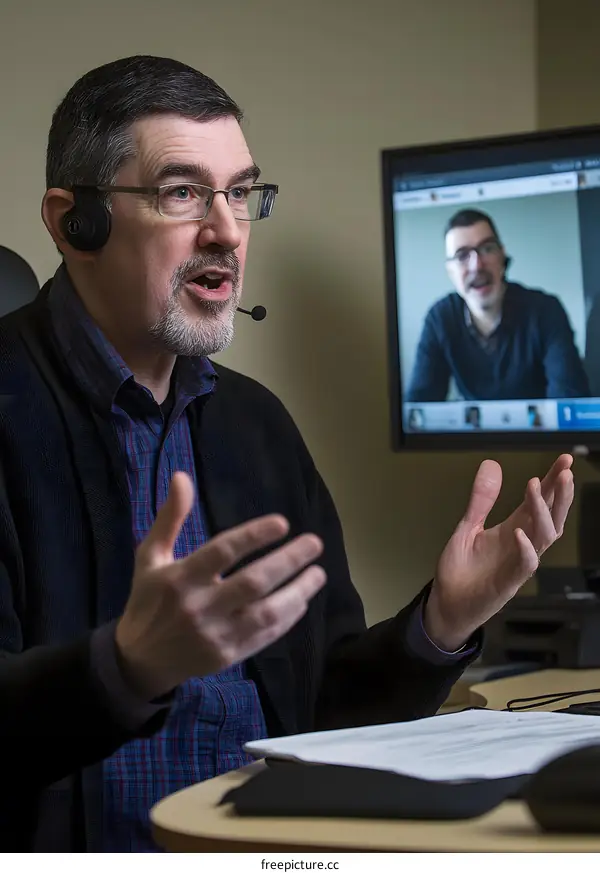Man Wearing Headset During Video Conference with Colleagues