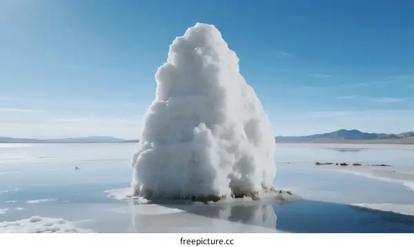 A tall salt formation emerging from calm water under clear sky