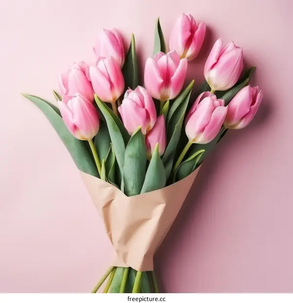 Pink Tulip Bouquet Wrapped in Brown Paper