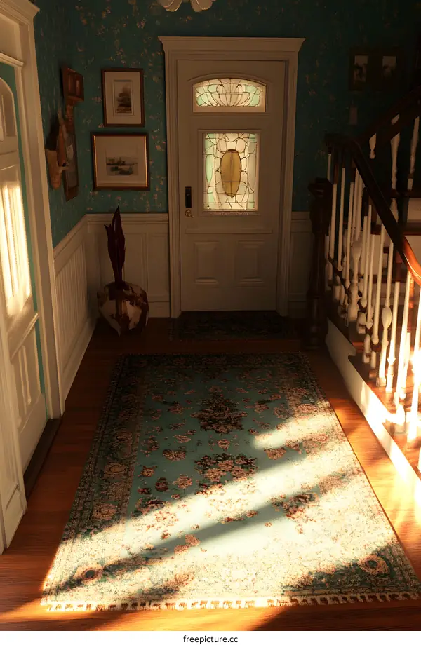 Vintage Home Interior with Stained Glass Door and Sunbeams