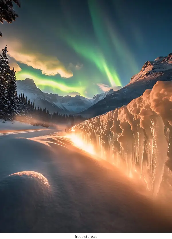 Aurora Borealis Over Snowy Mountains