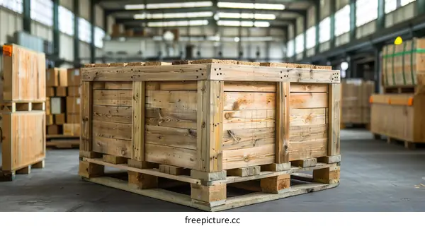 Wooden box on a pallet in a warehouse