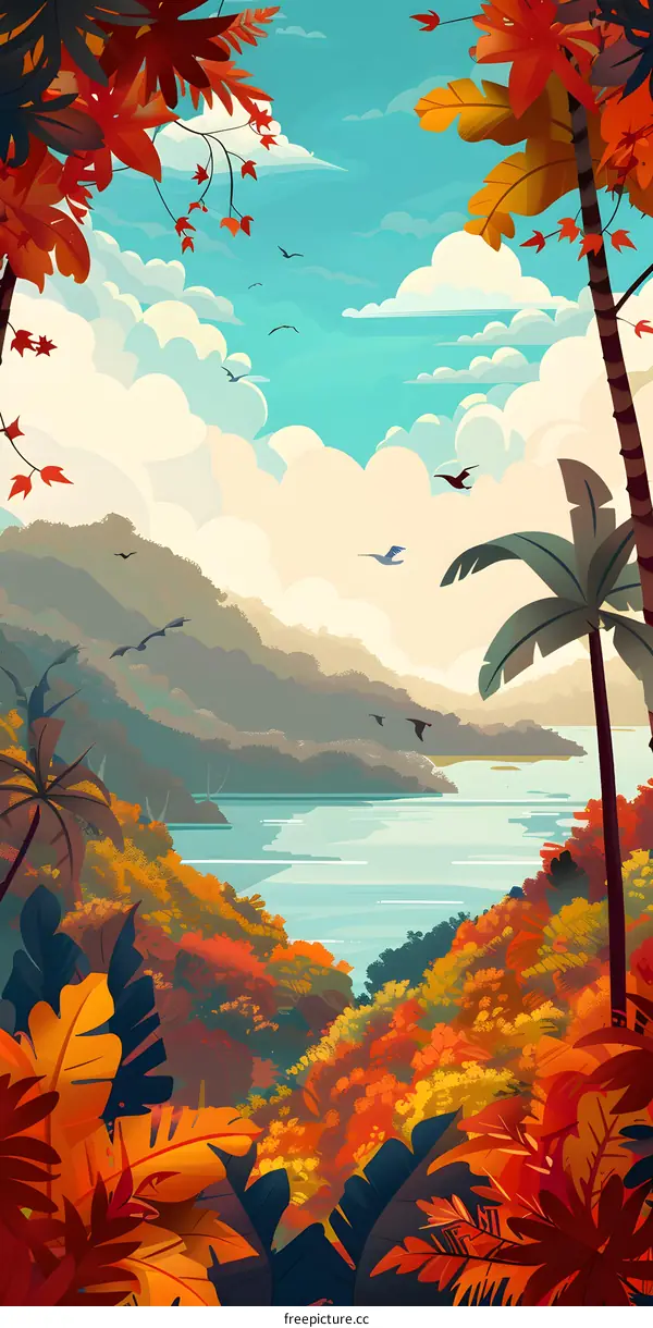Tropical Rainforest Landscape Illustration with Sky and Birds