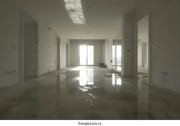 Empty White Room With Wet Floor