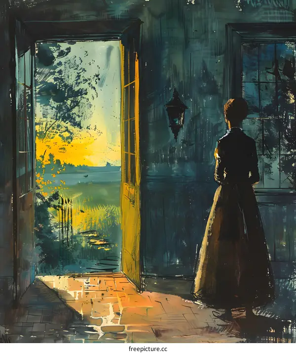 A woman standing in a doorway looking out at a summer landscape