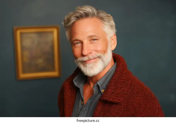 Portrait of a Smiling Senior Caucasian Man in Front of a Painting