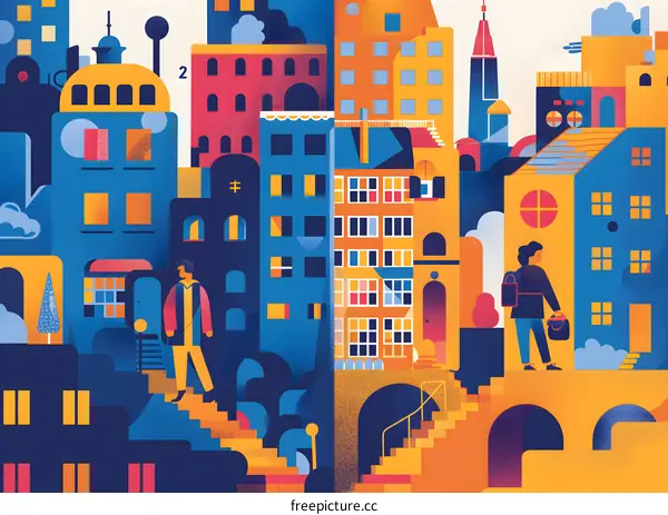 Colorful Cityscape Illustration with Two People Walking Up Stairs