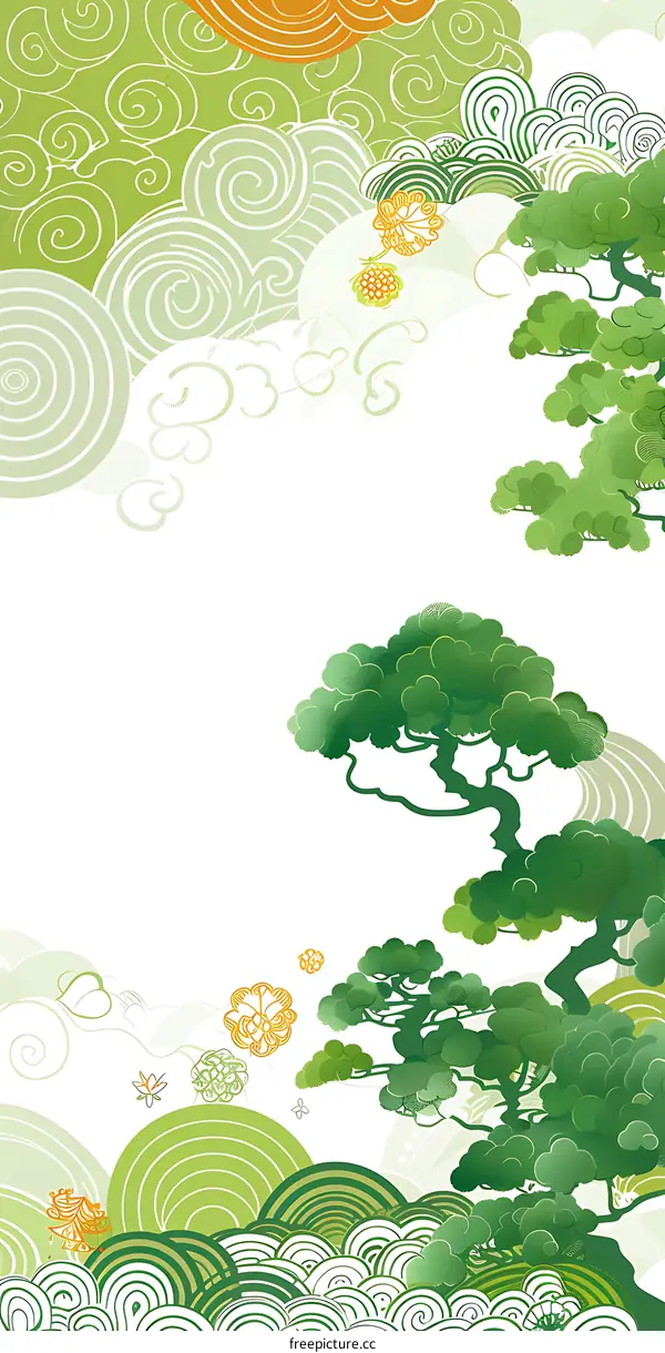 Green Abstract Background with Pine Trees and Swirling Patterns