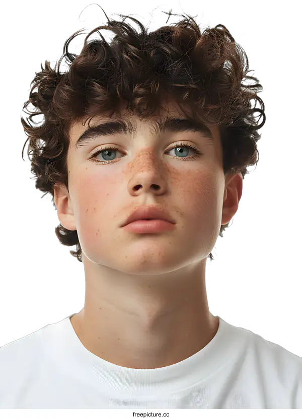 [Transparent Background PNG]Portrait of a Young Man with Curly Hair and Freckles