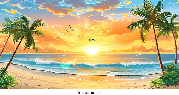 Tropical Sunset Beach With Palm Trees