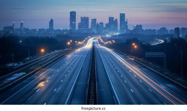 Night Cityscape: Highway and Skyscrapers