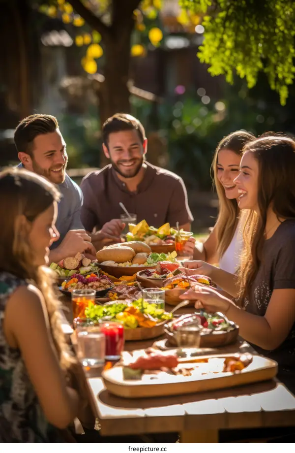 Friends enjoying a delicious meal together in the garden