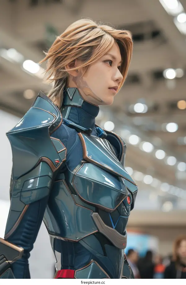 Portrait of a young woman in a blue and gray armored bodysuit