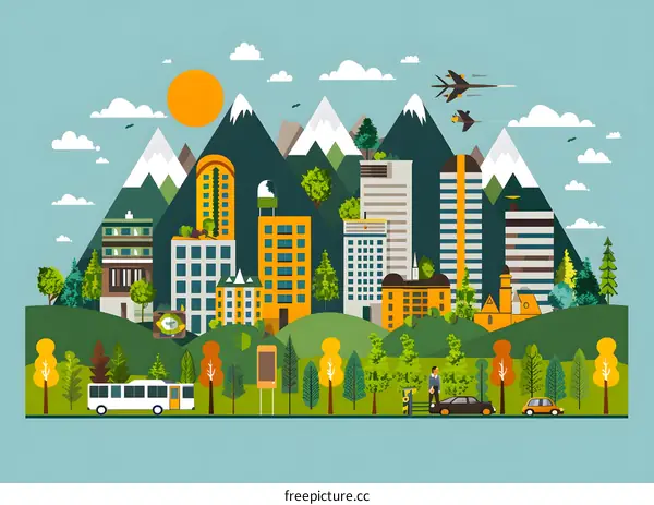 Green City Landscape Illustration with Mountains and Buildings