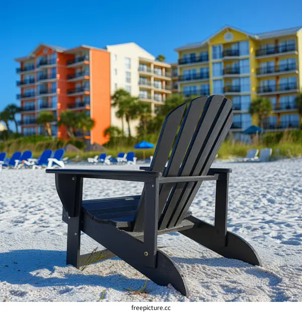 Black Adirondack Chair by the Sea on the White Sand with Colorful Buildings