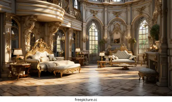 Interior of an ornate and luxurious French-style palace bedroom and sitting room