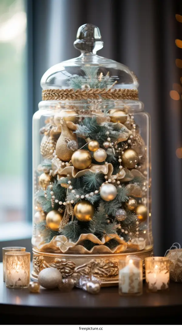 A glass jar with a Christmas tree inside it